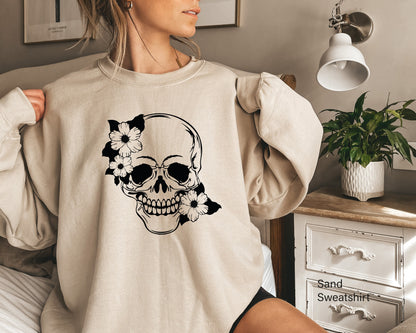 Halloween Skull Shirt,Skull Flower Shirt,Floral Skull Shirt,Goth Shirt,Skull T-Shirt,Skeleton Top,Funny Skulls Tee,Halloween Gift,C6143