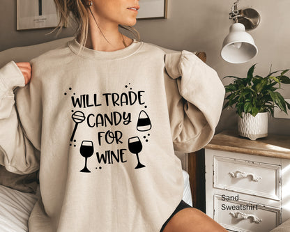 Halloween Sweatshirt,Will Trade Candy For Wine,Halloween T-shirt,Womens Halloween Tee,Hallowen T-shirt,Women Halloween Tshirt  C5319
