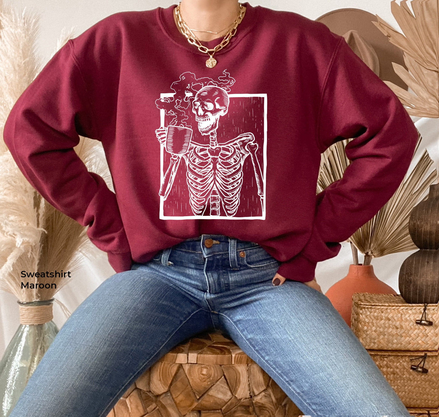 Hot Coffee Skeleton Sweatshirt,Skeleton Drinking Coffee Shirt,Skeletons Halloween Oversized Sweatshirt,Skull Hoodie,Skull Tee,C6141