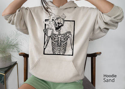 Hot Coffee Skeleton Sweatshirt,Skeleton Drinking Coffee Shirt,Skeletons Halloween Oversized Sweatshirt,Skull Hoodie,Skull Tee,C6141