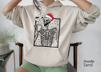 Hot Coffee Skeleton Sweathirt,Skeleton Drinking Coffee Sweatshirt,Skeleton Christmas Sweatshirt,Skull Shirt,Oversize,Christmas Gift,C6239