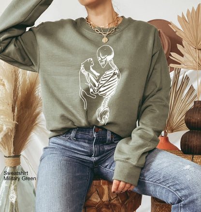 Skeleton Sweatshirt,Skeleton And Cat Hoodie, Gifts For Cat Lovers,Skeleton Love,Cat Lady Gift,Cat Mom,Cat Clothing, Cat Dad, Cat Tee, C6396