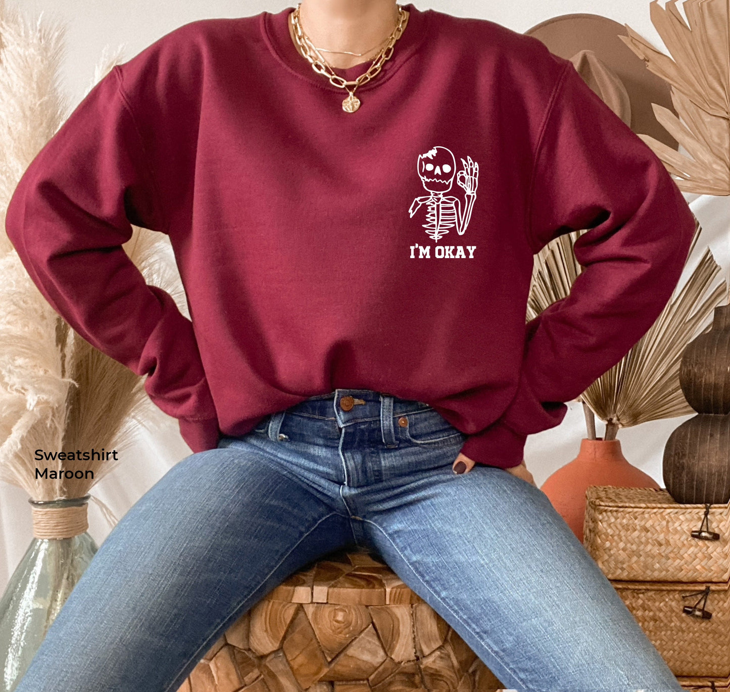 Skeleton Hoodie,Skeleton I'm Okay Sweatshirt,Cute Spooky Hoodie,Funny Skeleton Shirt,This is Okay Tees,Spooky Gifts,Pocket Size Hoodie,C6397