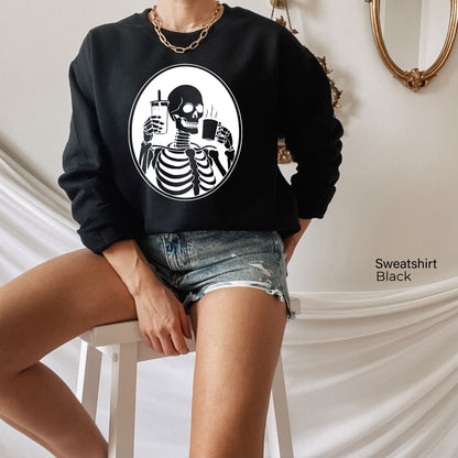 Hot or Ice  Coffee Skeleton Sweathirt,Skeleton Drinking Coffee Hoodie,Skeletons Oversized Sweatshirt,Skull Sweatshirt,Skull Tee, C6379