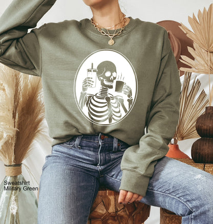 Hot or Ice  Coffee Skeleton Sweathirt,Skeleton Drinking Coffee Hoodie,Skeletons Oversized Sweatshirt,Skull Sweatshirt,Skull Tee, C6379