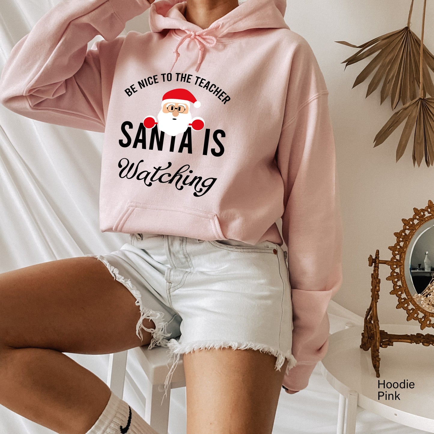 Be Nice to the Teacher Santa is Watching Sweatshirt, Christmas Teacher Hoodie, Santa Christmas Teacher Tee, Santa Sweatshirt,C6340