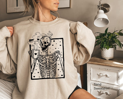 Hot Coffee Skeleton Sweathirt, Skeleton Drinking Coffee Sweatshirt, Coffee Skeleton T-shirt, Skull Sweatshirt, Skull Tee, C6402