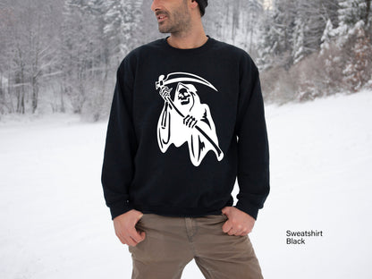 Grim Reaper Sweashirt, Ugly Grim Reaper Coffee T-shirt, Skeleton Shirt, Skeleton Halloween Shirt, Funny Grim Shirt, Grim Halloween Tee,C6497
