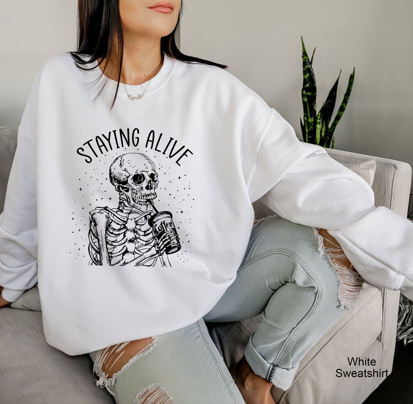 Staying Alive Skeleton Sweatshirt, Skeleton Shirt, Funny Halloween Shirt, Fall Shirt, Mom Halloween Shirt, Halloween Shirt, C6516