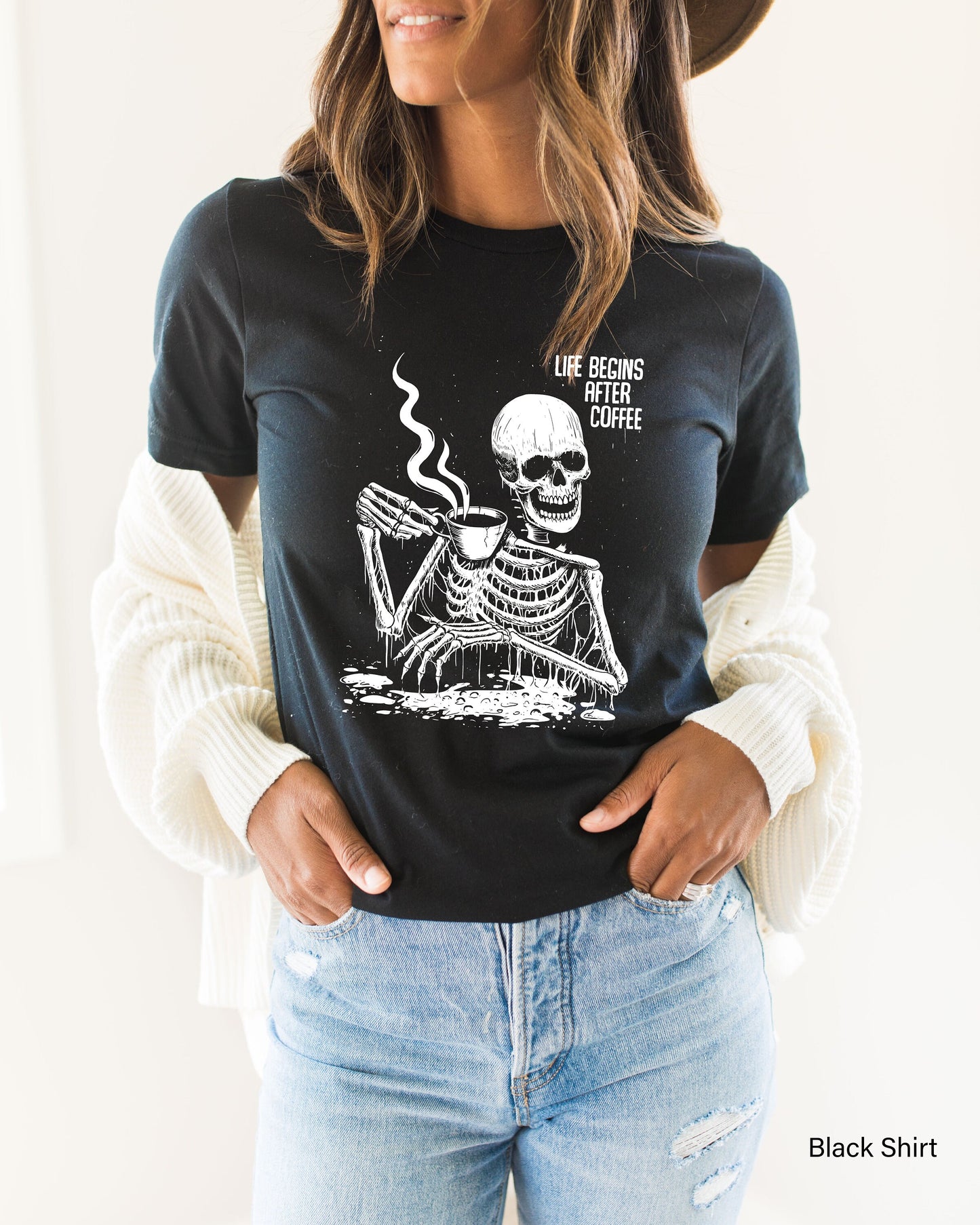 Life Begins After Coffee Sweatshirt, Skeleton Shirt, Hot Coffee Skeleton Shirt, Skeleton Tee, Halloween Gift, C6517