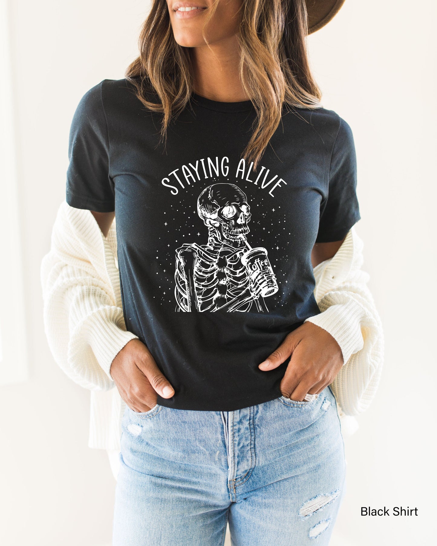 Staying Alive Skeleton Sweatshirt,Skeleton Shirt,Trendy Halloween Hoodie,Oversized Fall Tshirt,Mom Halloween Shirt,Halloween Party Tee,C6516
