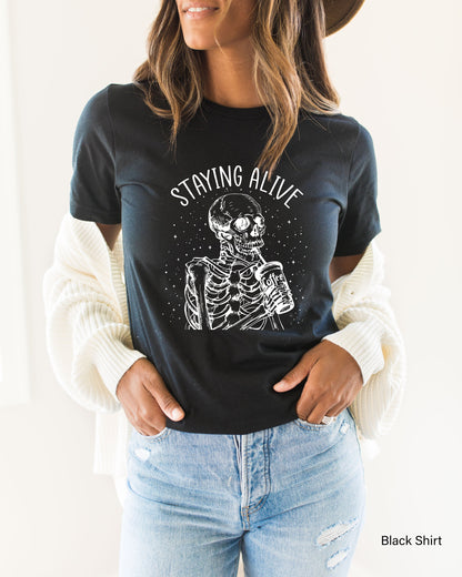 Staying Alive Skeleton Sweatshirt,Skeleton Shirt,Trendy Halloween Hoodie,Oversized Fall Tshirt,Mom Halloween Shirt,Halloween Party Tee,C6516