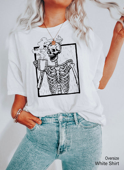 Halloween Shirt,Coffee Tshirt,Trendy Skeleton Tank Tops,Vintage Skeleton Drinking Coffee Tee,Funny Skull Racer Back,Gift For Halloween,C6141