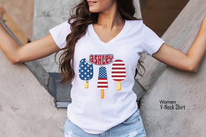 4th Of July Shirt Personalized with Name, Red White Blue Popsicles 4th of July Shirt, Boys Girls Patriotic,, Summer Shirts, C6843