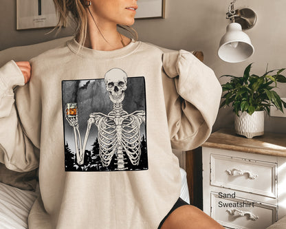 Skeleton Drinking Whiskey Halloween Sweatshirt,Skeleton Selfie Shirts,Skeletons Halloween Oversized Sweatshirt,Halloween Party Gifts,C7034