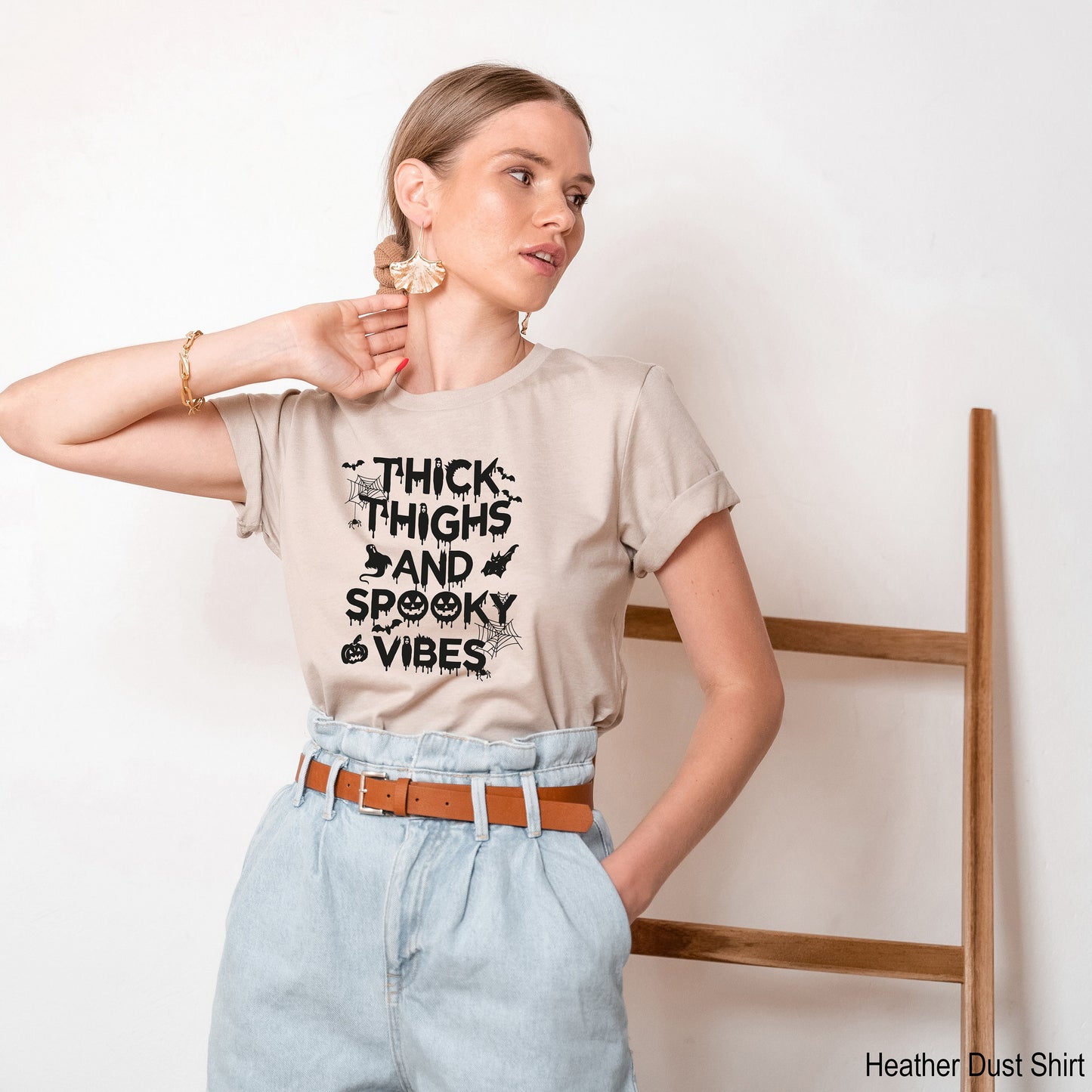 Trick or Treat Shirt,Funny Halloween Tee,Spooky Racerback,Thick Thighs And Spooky Vibes Sweat, Halloween Shirt, Fall Tee,C7049