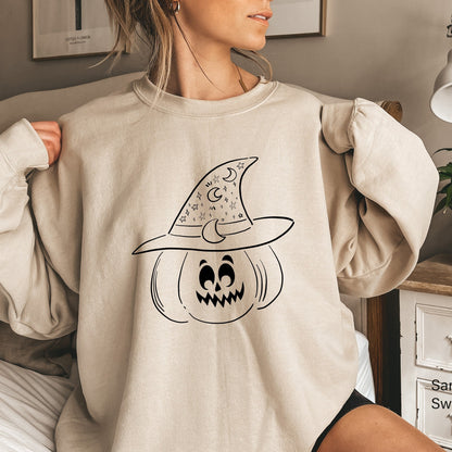 Jack O'Lantern Sweatshirt,Trendy Halloween Sweatshirt,Cute Halloween Shirt,Fall Halloween Sweater,Witch Hat Pumpkin Shirts, C7057