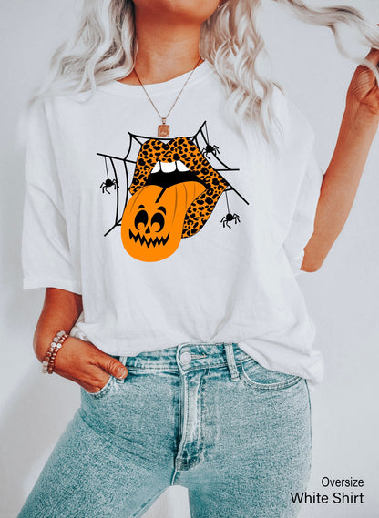 Halloween Shirt,Leopard Lips Vampire Spider web Tshirt,Pumpkin Tongue T Shirts,Halloween Mouth Tee,Halloween Party Costume T shirt,C7056