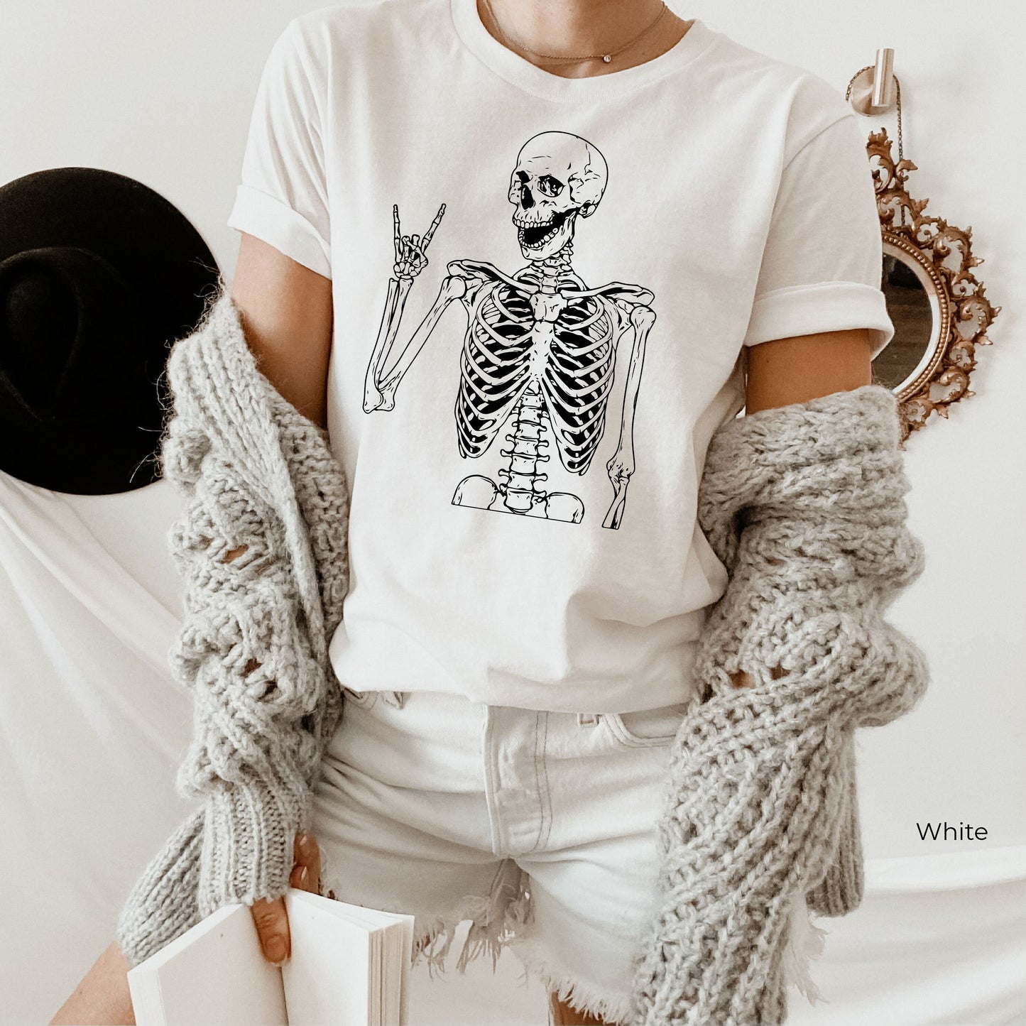 Trendy Skeleton Tanks,Skeleton Metal Fingers Shirt,Cute Skeleton Rock Hands Tank Top,Funny Rock And Roll RacerBack,Halloween Party Tee,C7026