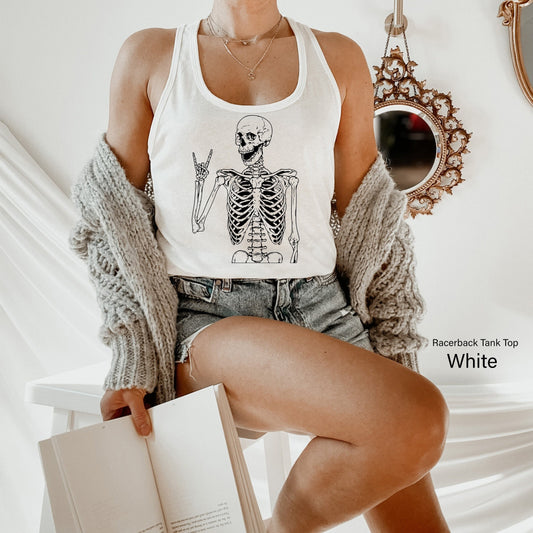 Trendy Skeleton Tanks,Skeleton Metal Fingers Shirt,Cute Skeleton Rock Hands Tank Top,Funny Rock And Roll RacerBack,Halloween Party Tee,C7026