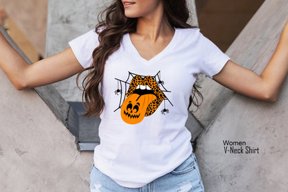 Halloween Shirt,Leopard Lips Vampire Spider web Tshirt,Pumpkin Tongue T Shirts,Halloween Mouth Tee,Halloween Party Costume T shirt,C7056