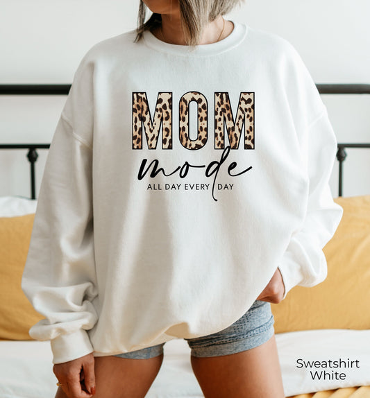 Mom Leopard Sweathirt,Mom Mode All Day Every Day Shirt,Trendy Mom life Tshirt,Oversized Mother's Day Shirt,Gift For Mama,Mom Life Tee,C6077