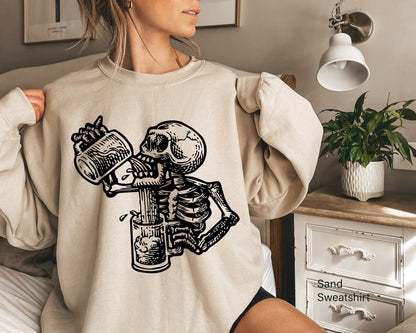 Beer Hoodie,Skull Skeleton Alcohol Beer Sweatshirt,Alcohol Shirt,Trendy Skull Sweater,Skeleton Drinking Woman Tops,Halloween Party Tee,C6384