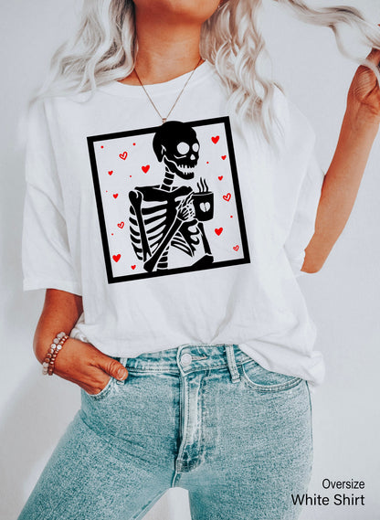 Hot Coffee Skeleton Shirt,Skeleton Heart  Coffee Shirt, Skeletons Halloween Tee,Skull Tank Top,Skull Tee,Love Skeleton Shirt,C7104