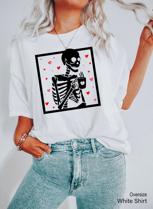 Hot Coffee Skeleton Shirt,Skeleton Heart  Coffee Shirt, Skeletons Halloween Tee,Skull Tank Top,Skull Tee,Love Skeleton Shirt,C7104