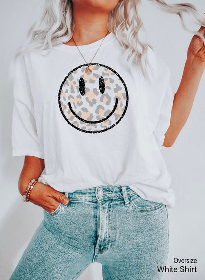 Smile Leopard Shirt,Smile Leopard Tanks,Trendy Clothes,Funny Smiley Face Shirts,Cheetah Print Racerback,Happy Face Tank Top,Preppy Tee,C6667