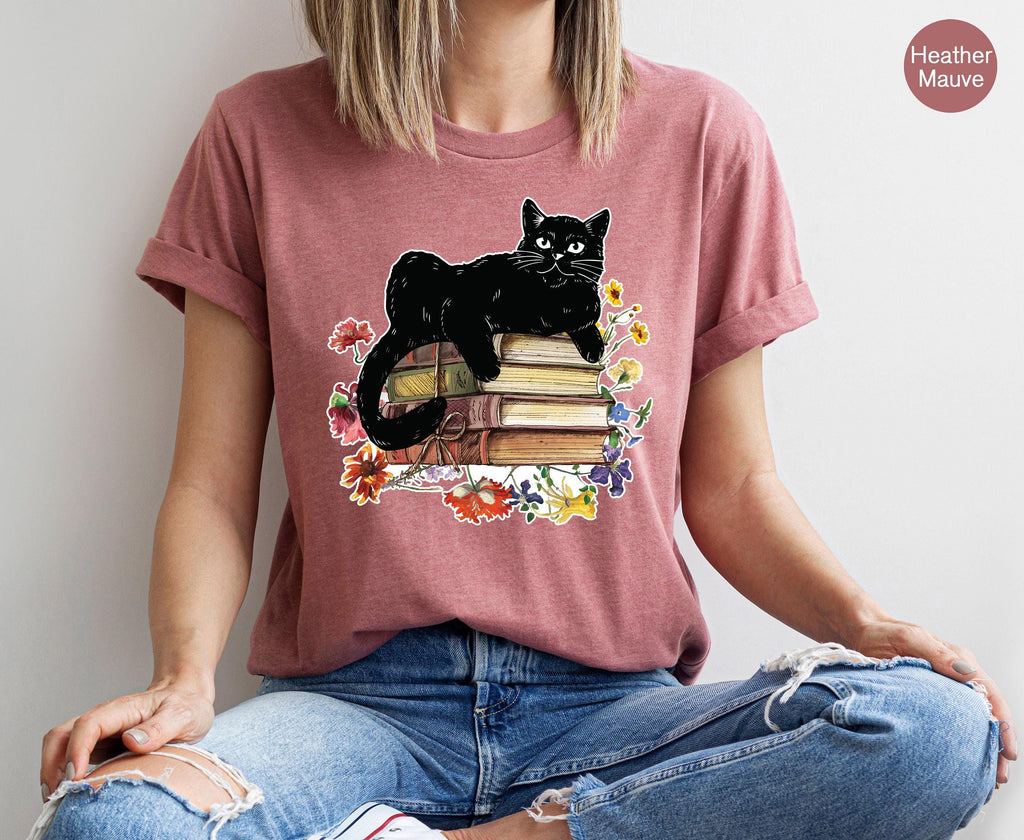 Flowery Cat Sweatshirt, Aesthetic Cat Lover Hoodie, Flower Cat Shirt For Bookworm, Cat Mom Shirt, Book Lover Shirt, Reading Club Shirt