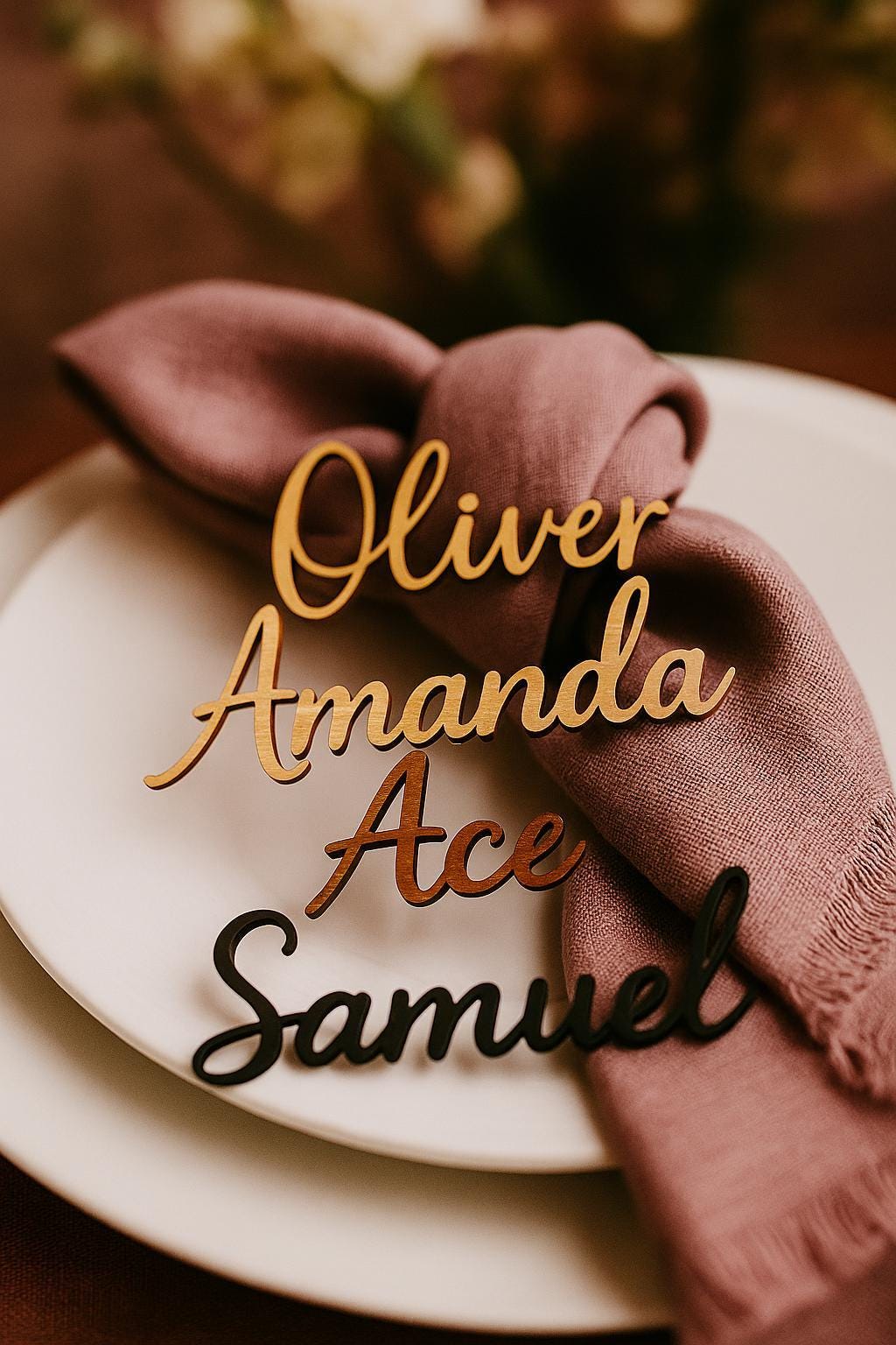 Custom Wood Name Tag, Elegant Wedding Place Card, Personalized Wooden Name Sign for Table Settings, Customized Special Dinner Name Sign,