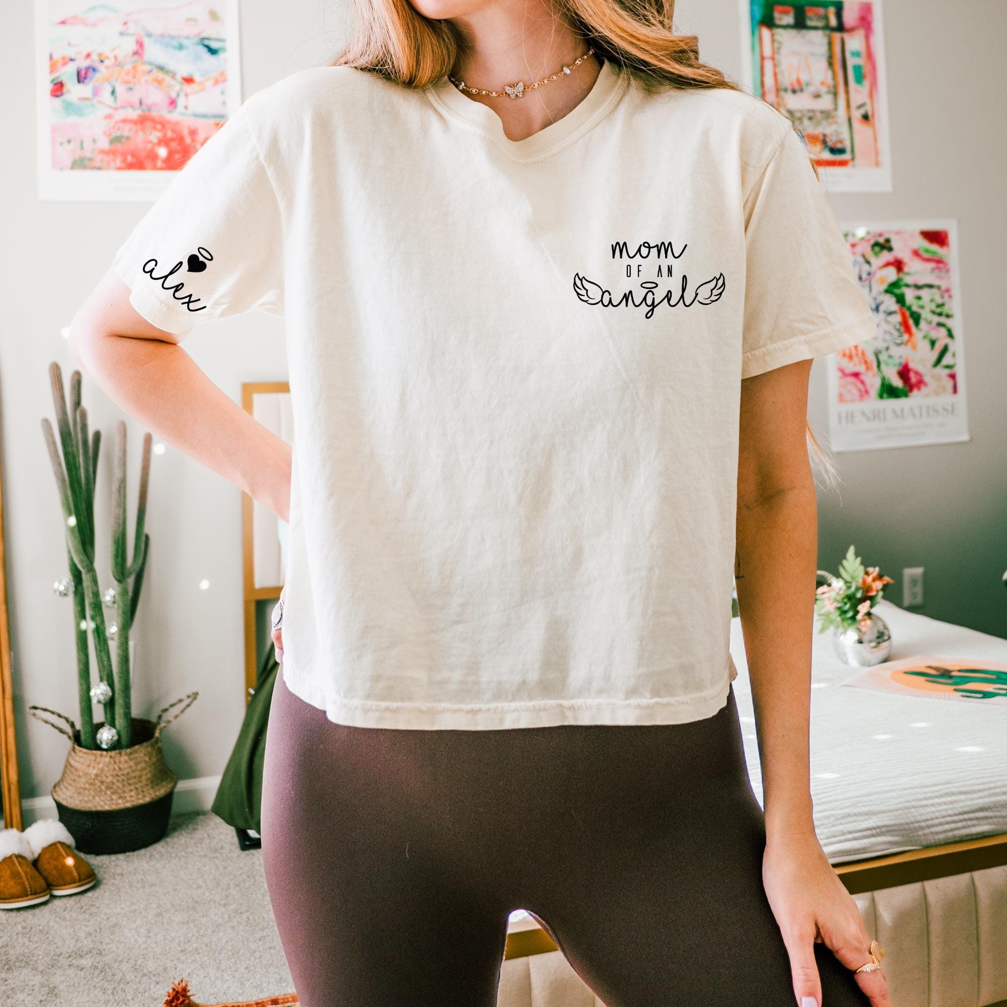 Custom Comfort Colors Mom of An Angel Shirt, Personalized Baby Memorial Boxy Tee, Mourning Themed Name on Sleeve Shirt, Gift for Mom
