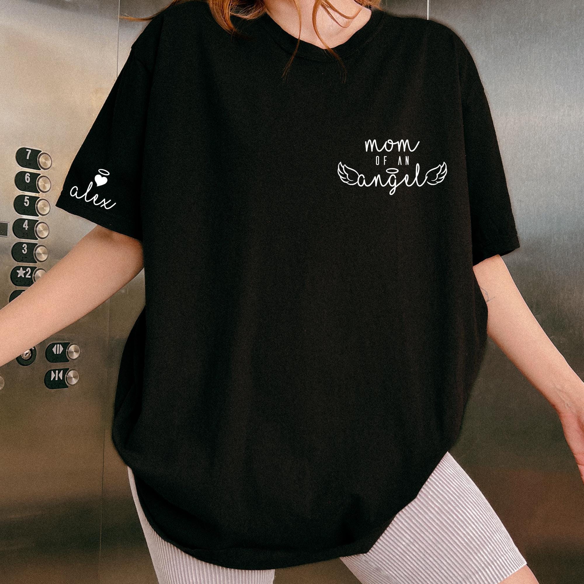 Custom Comfort Colors Mom of An Angel Shirt, Personalized Baby Memorial Boxy Tee, Mourning Themed Name on Sleeve Shirt, Gift for Mom