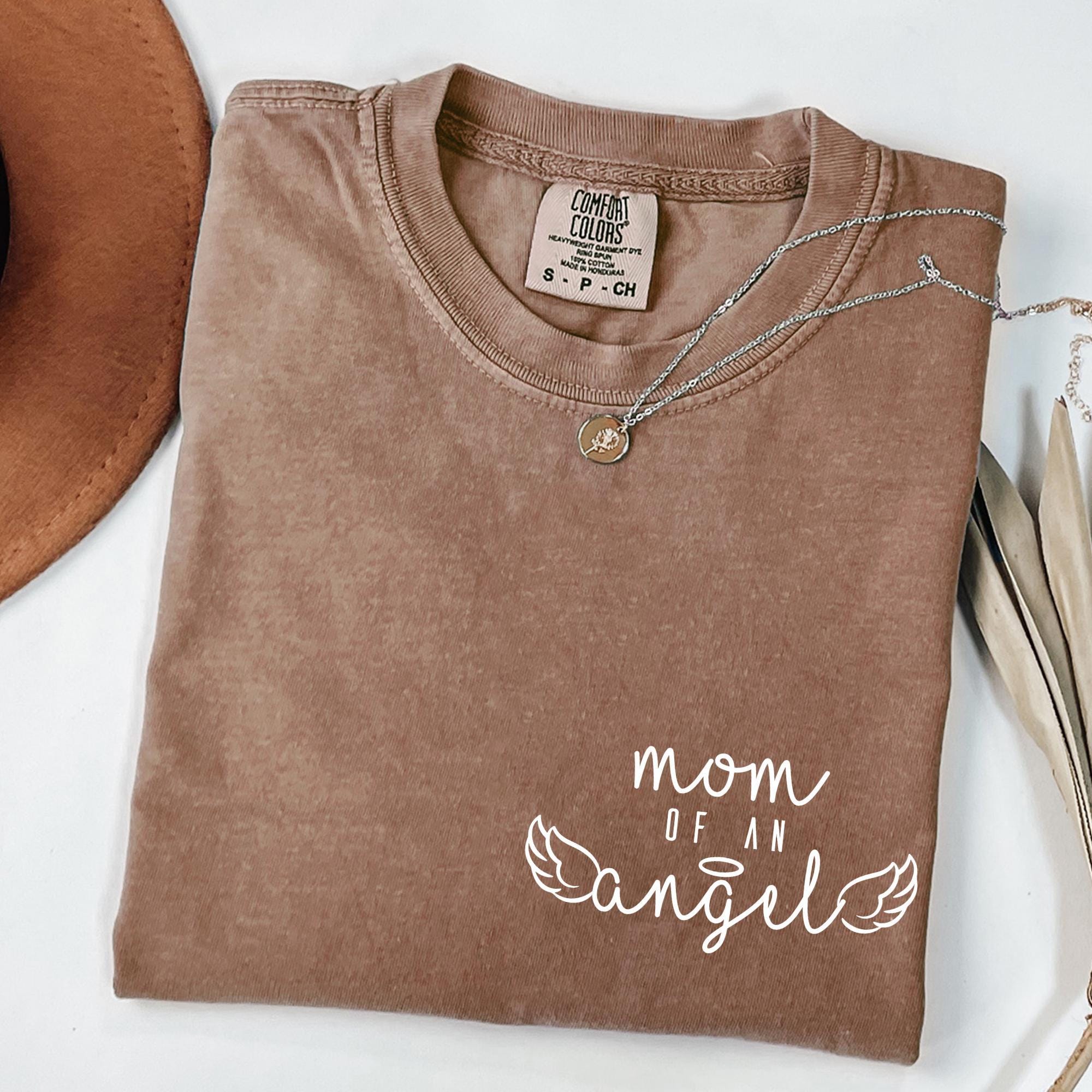 Custom Comfort Colors Mom of An Angel Shirt, Personalized Baby Memorial Boxy Tee, Mourning Themed Name on Sleeve Shirt, Gift for Mom