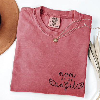 Custom Comfort Colors Mom of An Angel Shirt, Personalized Baby Memorial Boxy Tee, Mourning Themed Name on Sleeve Shirt, Gift for Mom