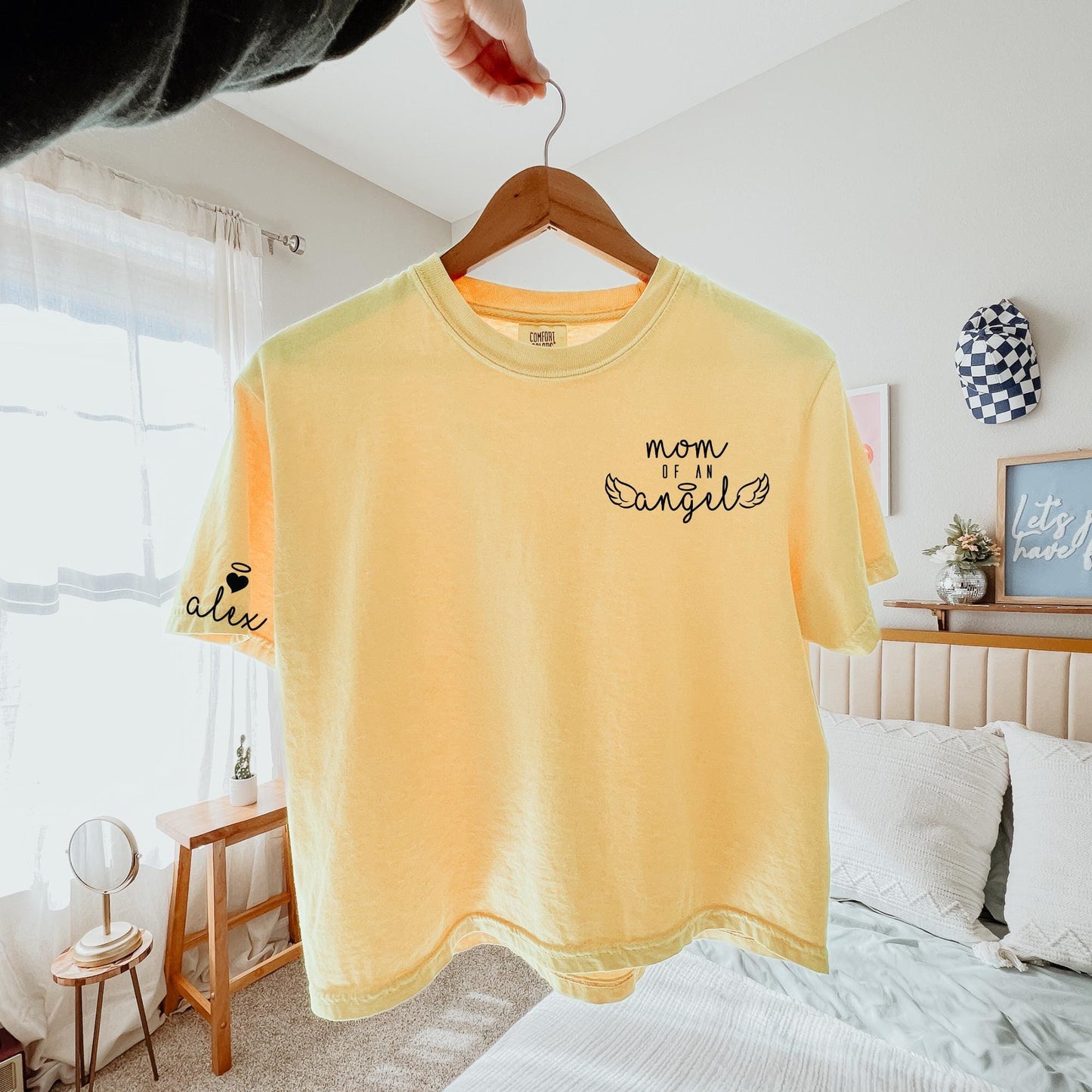 Custom Comfort Colors Mom of An Angel Shirt, Personalized Baby Memorial Boxy Tee, Mourning Themed Name on Sleeve Shirt, Gift for Mom