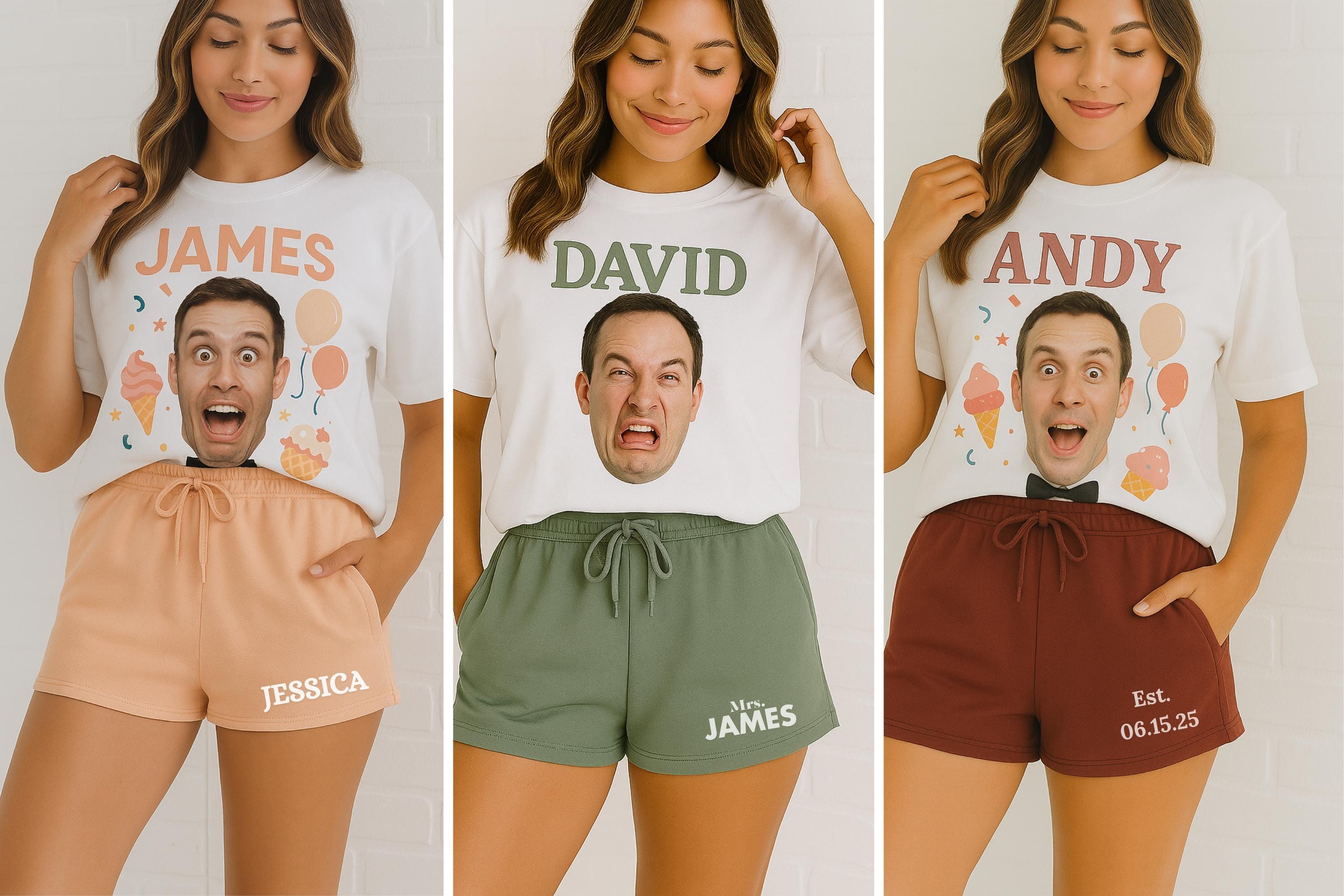 Custom Face Bridal Short Set, Funny Groom Photo Shirt, Personalized Bride Squad Outfit, Bachelorette Party Matching Loungewear, Mrs. Short