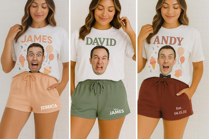 Custom Face Bridal Short Set, Funny Groom Photo Shirt, Personalized Bride Squad Outfit, Bachelorette Party Matching Loungewear, Mrs. Short