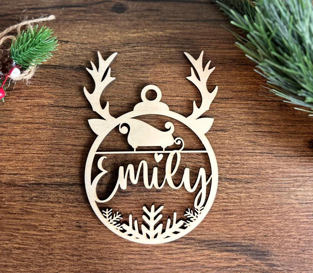 Custom Name Christmas Wood Ornament, Personalized Name Ornament, Deer Horned Ornament, Family Christmas Tree Decor, Christmas Gifts