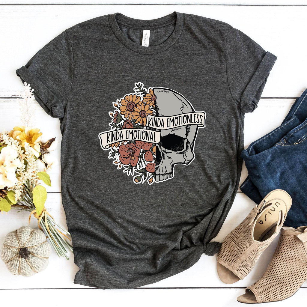 Kinda Emotional Kinda Emotionless Sweatshirt, Flower Skull Shirt, Mental Health Awareness Hoodie, Motivational Tee, Skeleton Tshirt