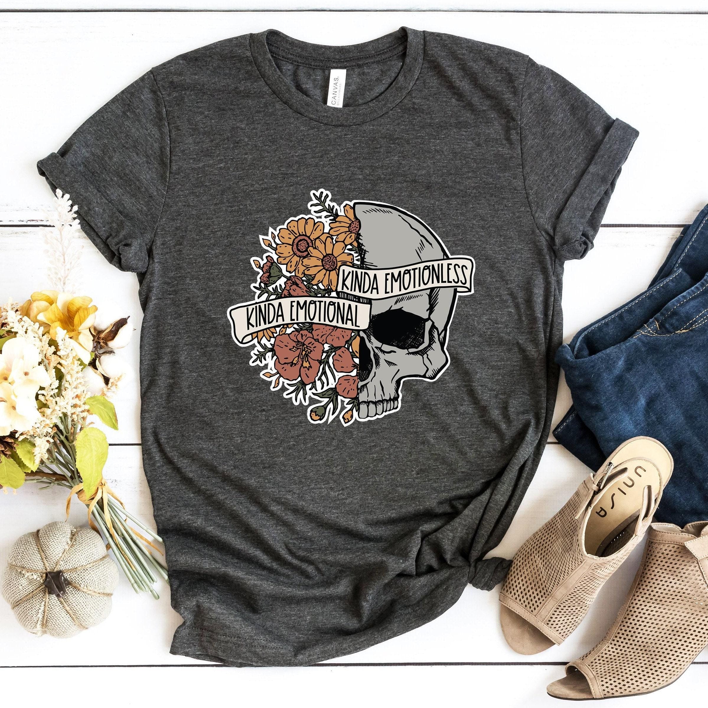 Kinda Emotional Kinda Emotionless Sweatshirt, Flower Skull Shirt, Mental Health Awareness Hoodie, Motivational Tee, Skeleton Tshirt