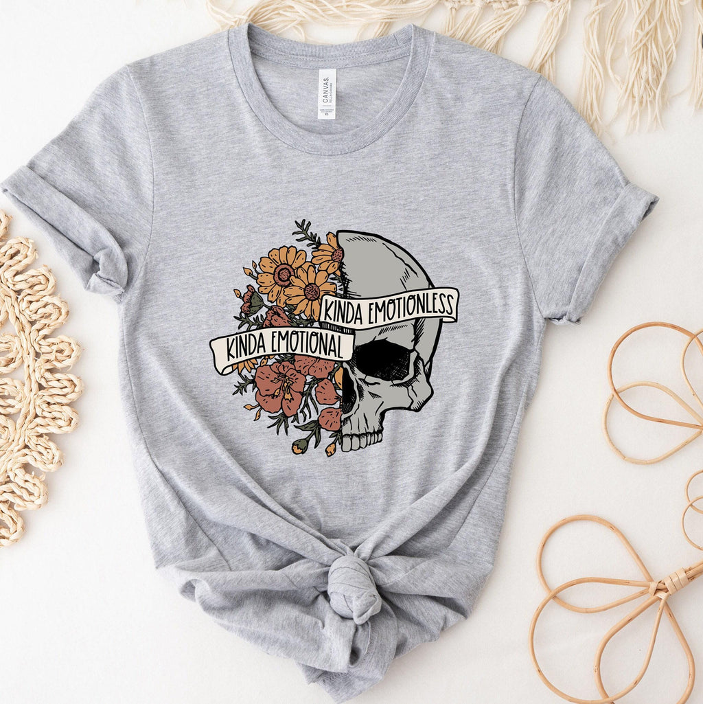 Kinda Emotional Kinda Emotionless Sweatshirt, Flower Skull Shirt, Mental Health Awareness Hoodie, Motivational Tee, Skeleton Tshirt