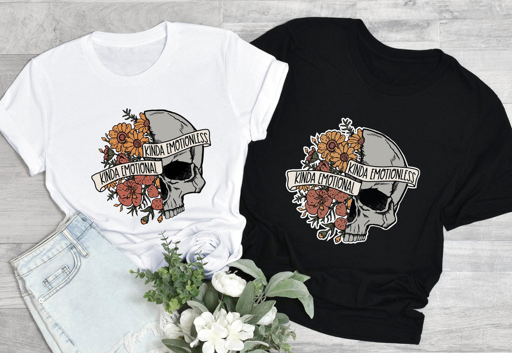 Kinda Emotional Kinda Emotionless Sweatshirt, Flower Skull Shirt, Mental Health Awareness Hoodie, Motivational Tee, Skeleton Tshirt