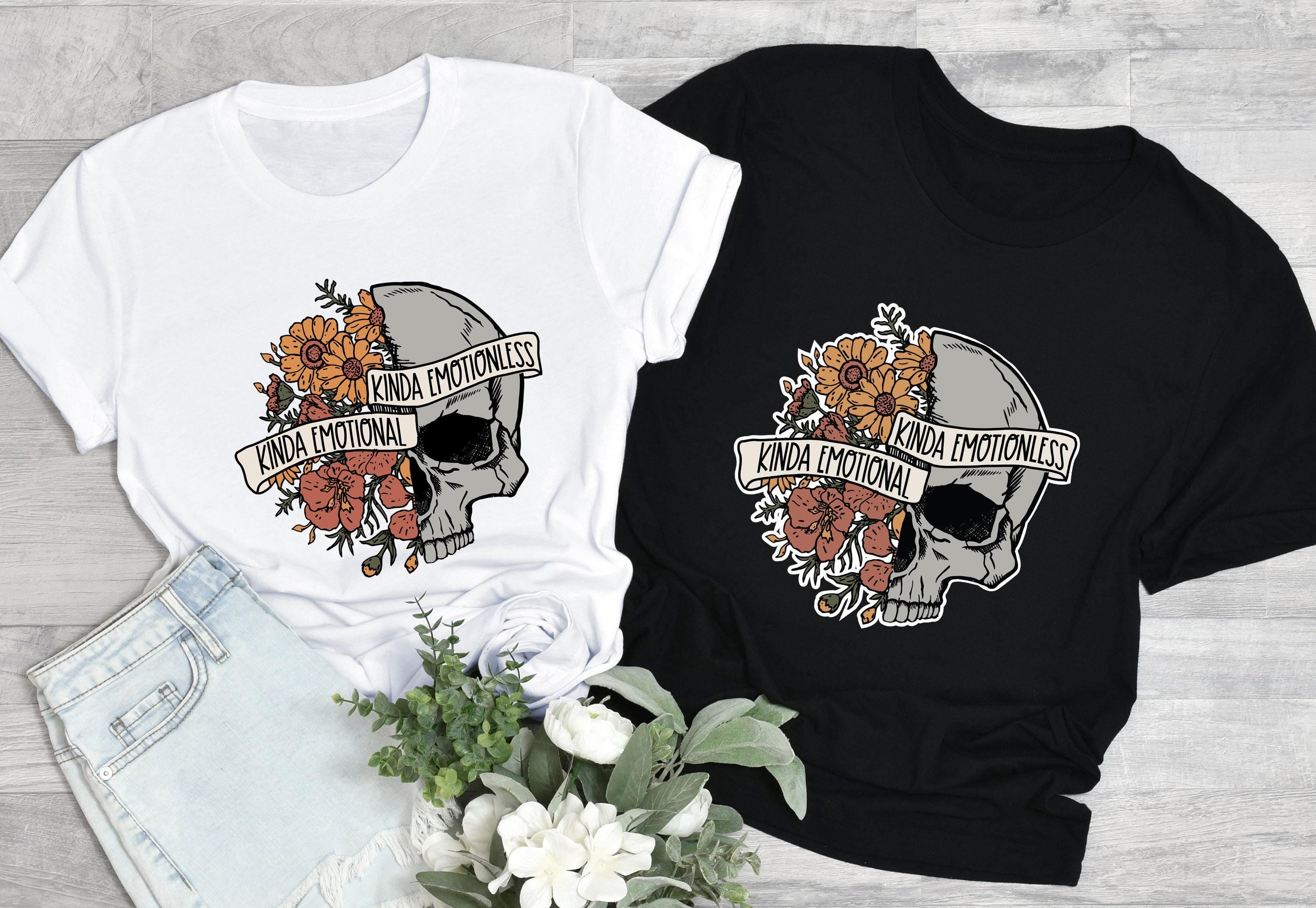 Kinda Emotional Kinda Emotionless Sweatshirt, Flower Skull Shirt, Mental Health Awareness Hoodie, Motivational Tee, Skeleton Tshirt