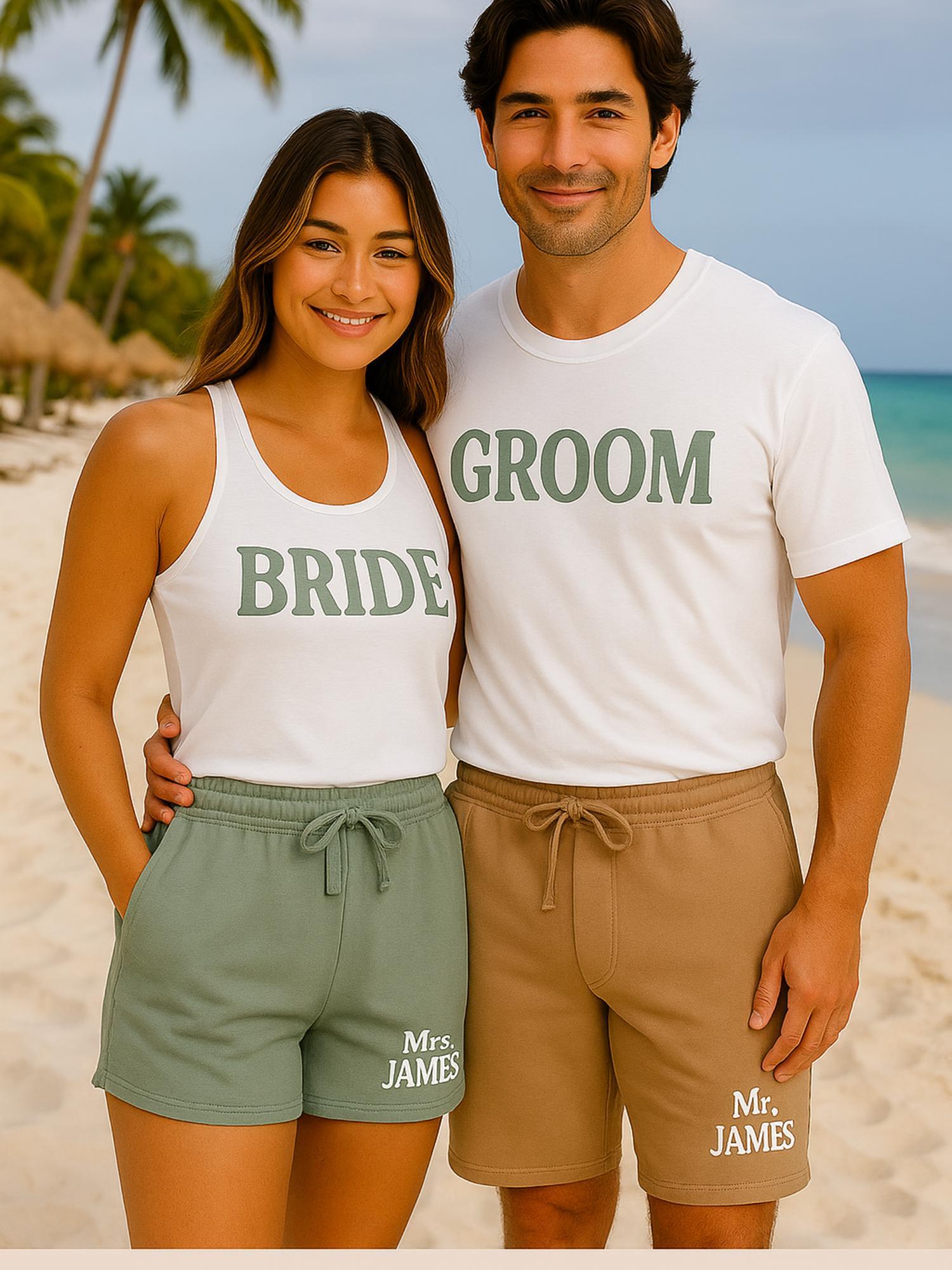 Custom Bride and Groom Matching Set | Personalized Mr. & Mrs. Shorts and Shirts, Mrs Name Gift, Newly Wed Gift, Mr And Mrs Shirt, Sweatshirt