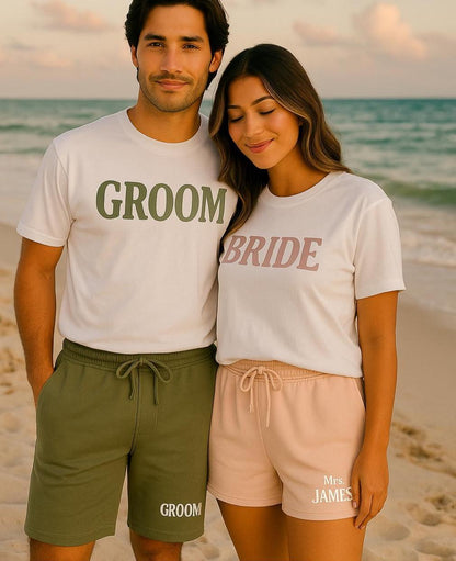 Custom Bride and Groom Matching Set | Personalized Mr. & Mrs. Shorts and Shirts, Mrs Name Gift, Newly Wed Gift, Mr And Mrs Shirt, Sweatshirt