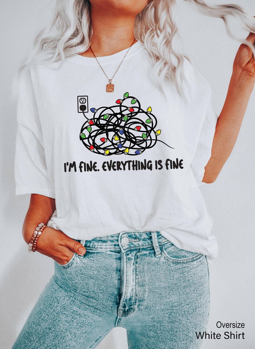 I'm Fine Everything Is Fine T-Shirt | Christmas Lights Hoodie For Women, Christmas Gift Shirt, Most Wonderful Time, Xmas Long Sleeve