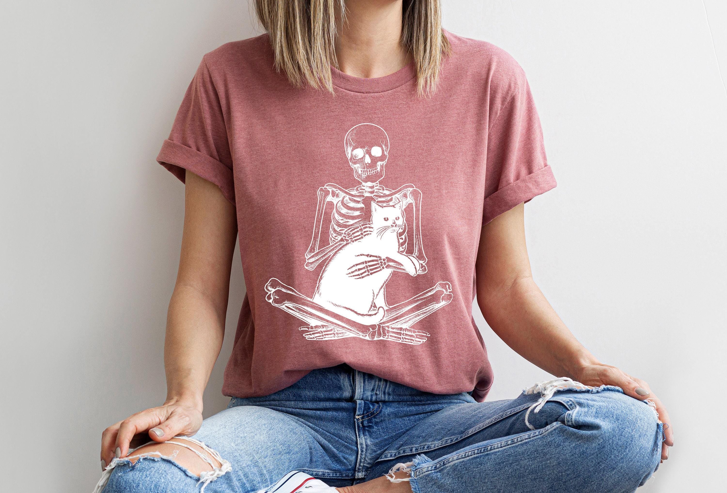 Skeleton Holding Cat Sweatshirt, Skeleton And Black Cat Shirt, Spooky Cat Lady Tee, Gothic Cat Owner Hoodie, Trendy Cat 