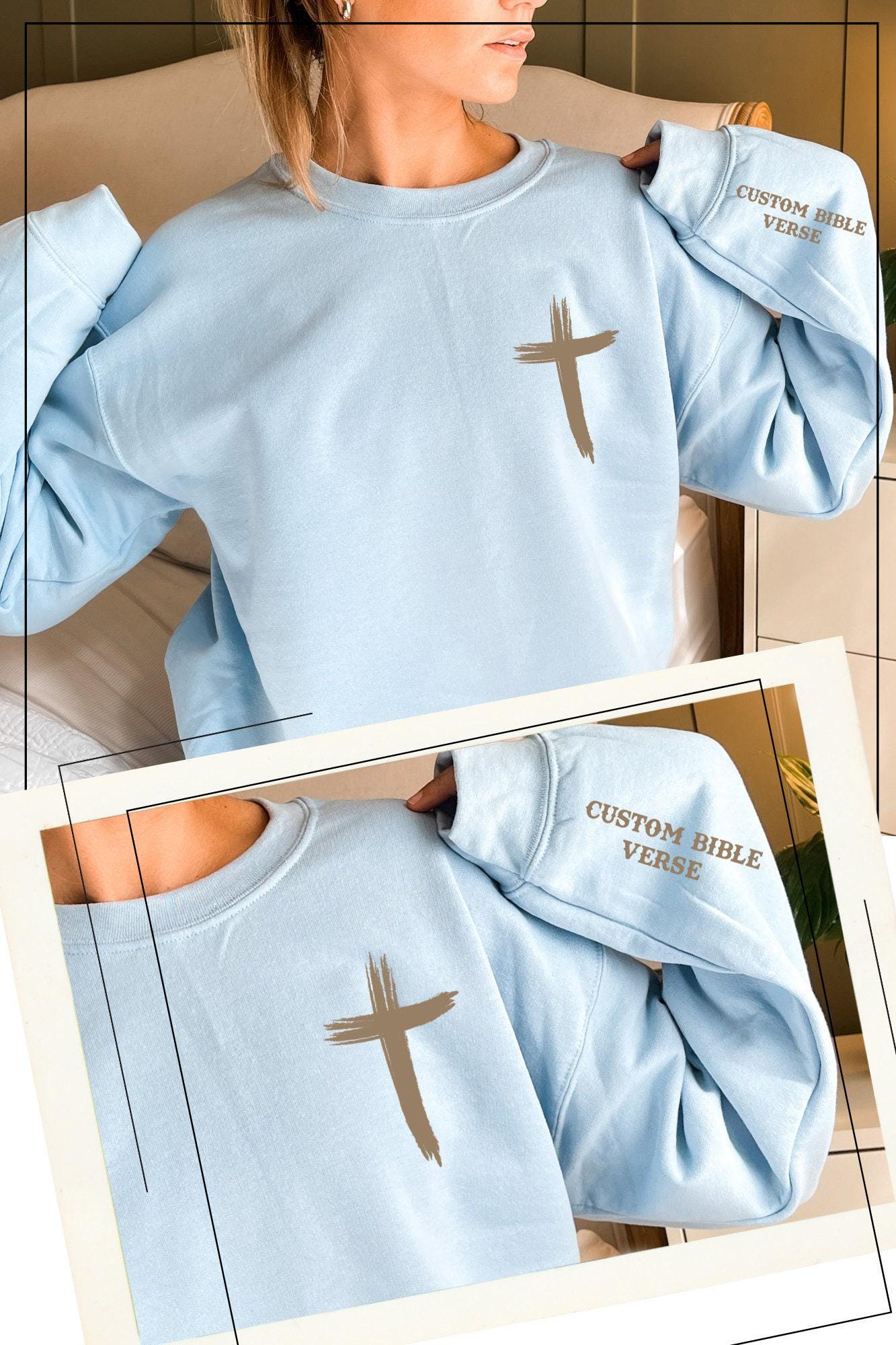 Custom Bible Verse On the Sleeve Sweatshirt, Christian Cross Print T-Shirt For Women, Sunday Church Hoodie, Christian Couple Gift
